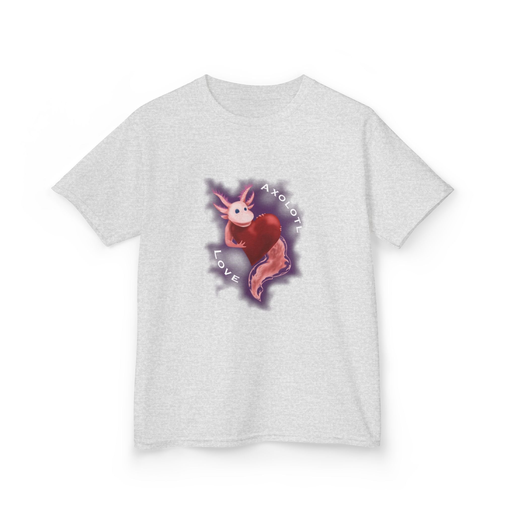 Kids Axolotl Love Tee — Cute Pink Axolotl Embracing Heart w/ Purple Mist Background Graphic T-Shirt - Design On Front