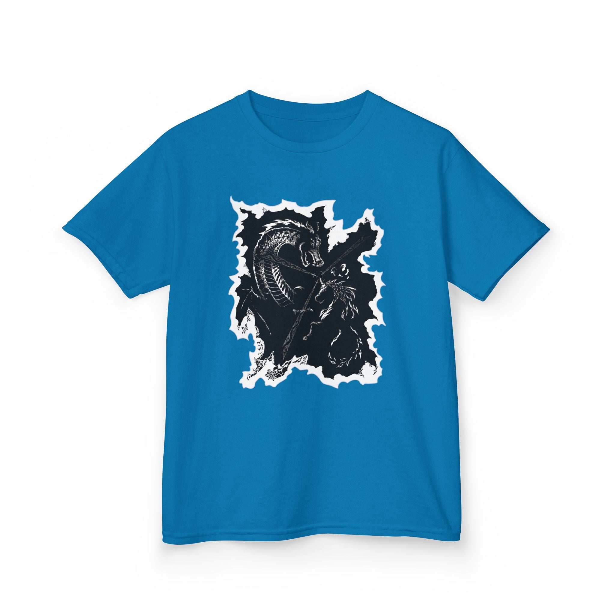 Kids Dragon & Unicorn T-Shirt — Unicorn's Light Upon A Dragon Graphic Print on Front