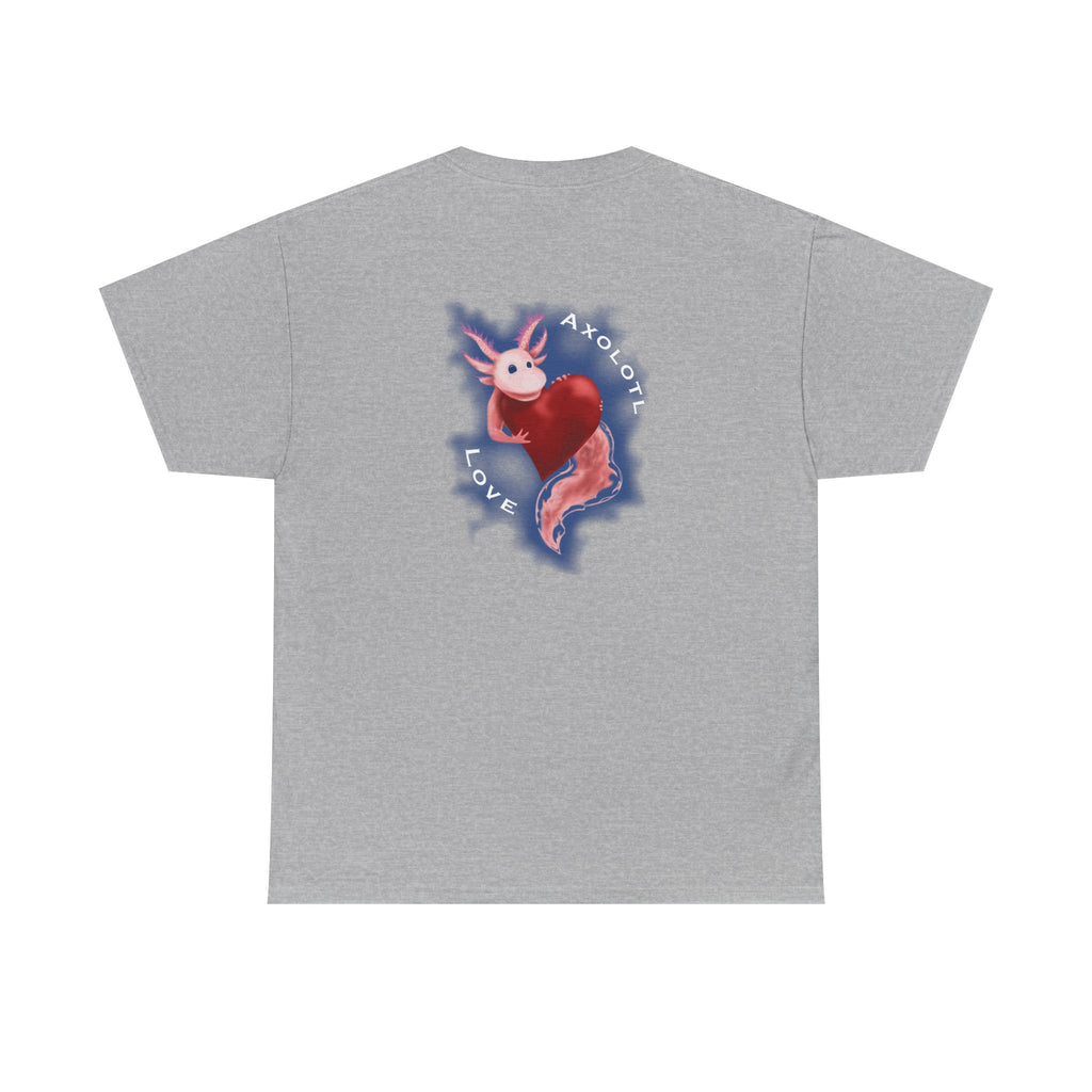 Axolotl Love Tee — Cute Pink Axolotl Embracing Heart w/ Blue Mist Background Graphic T-Shirt