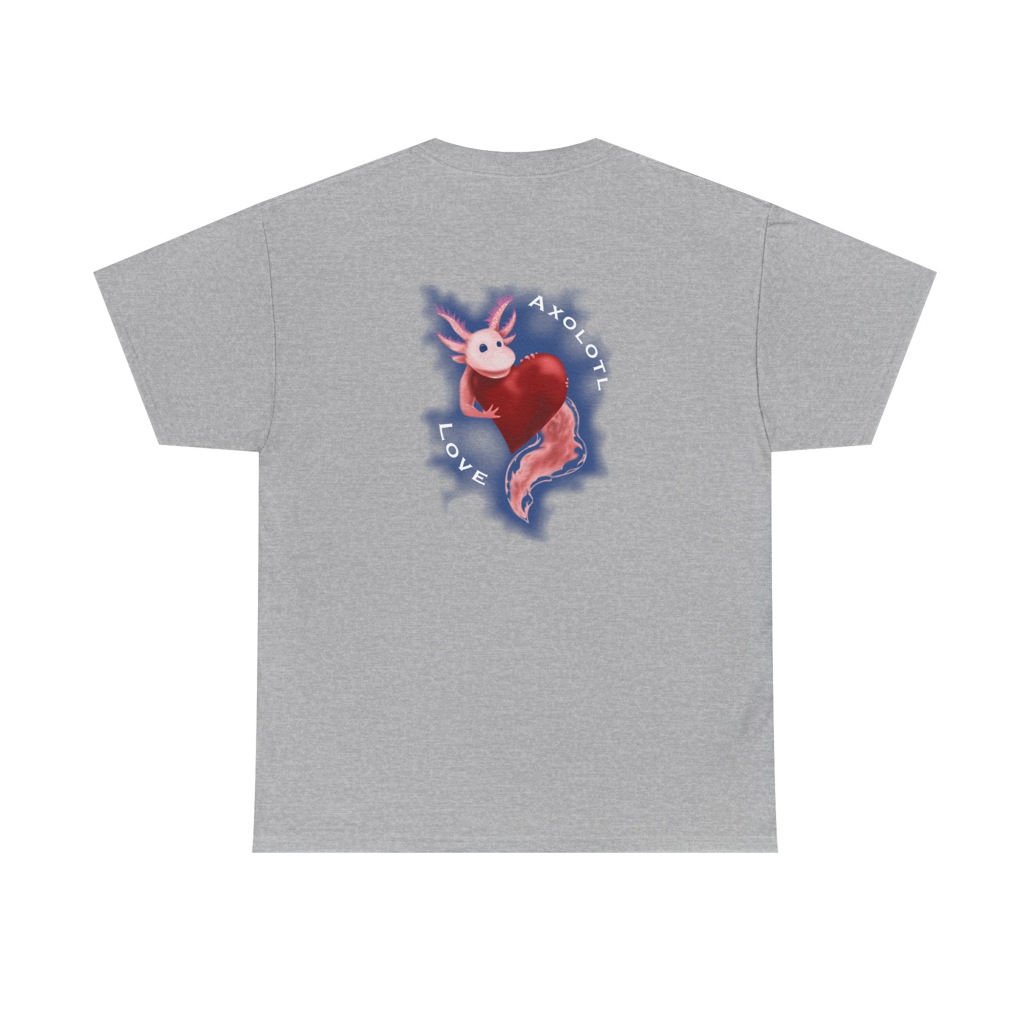 Axolotl Love Tee — Cute Pink Axolotl Embracing Heart w/ Blue Mist Background Graphic T-Shirt