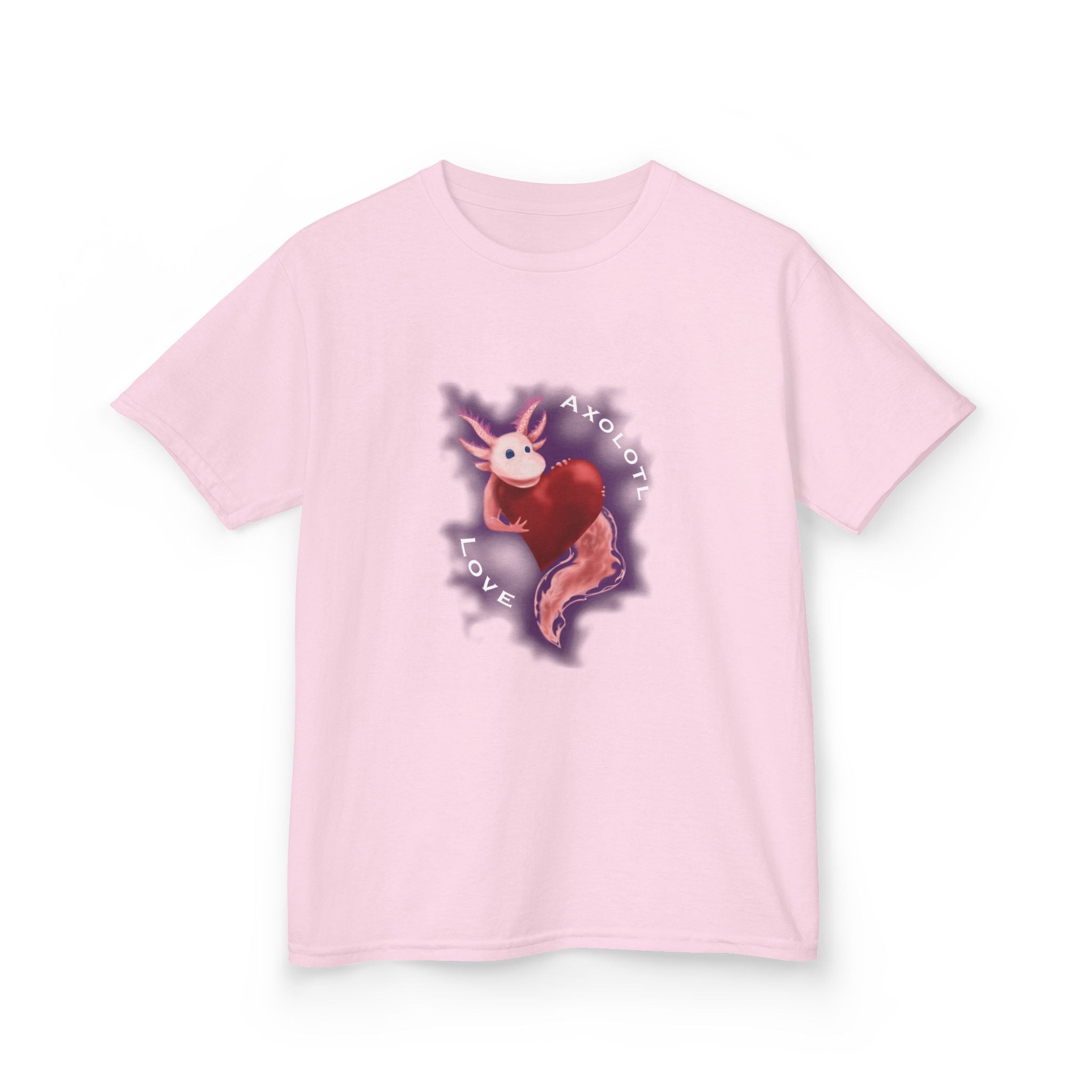 Kids Axolotl Love Tee — Cute Pink Axolotl Embracing Heart w/ Purple Mist Background Graphic T-Shirt - Design On Front