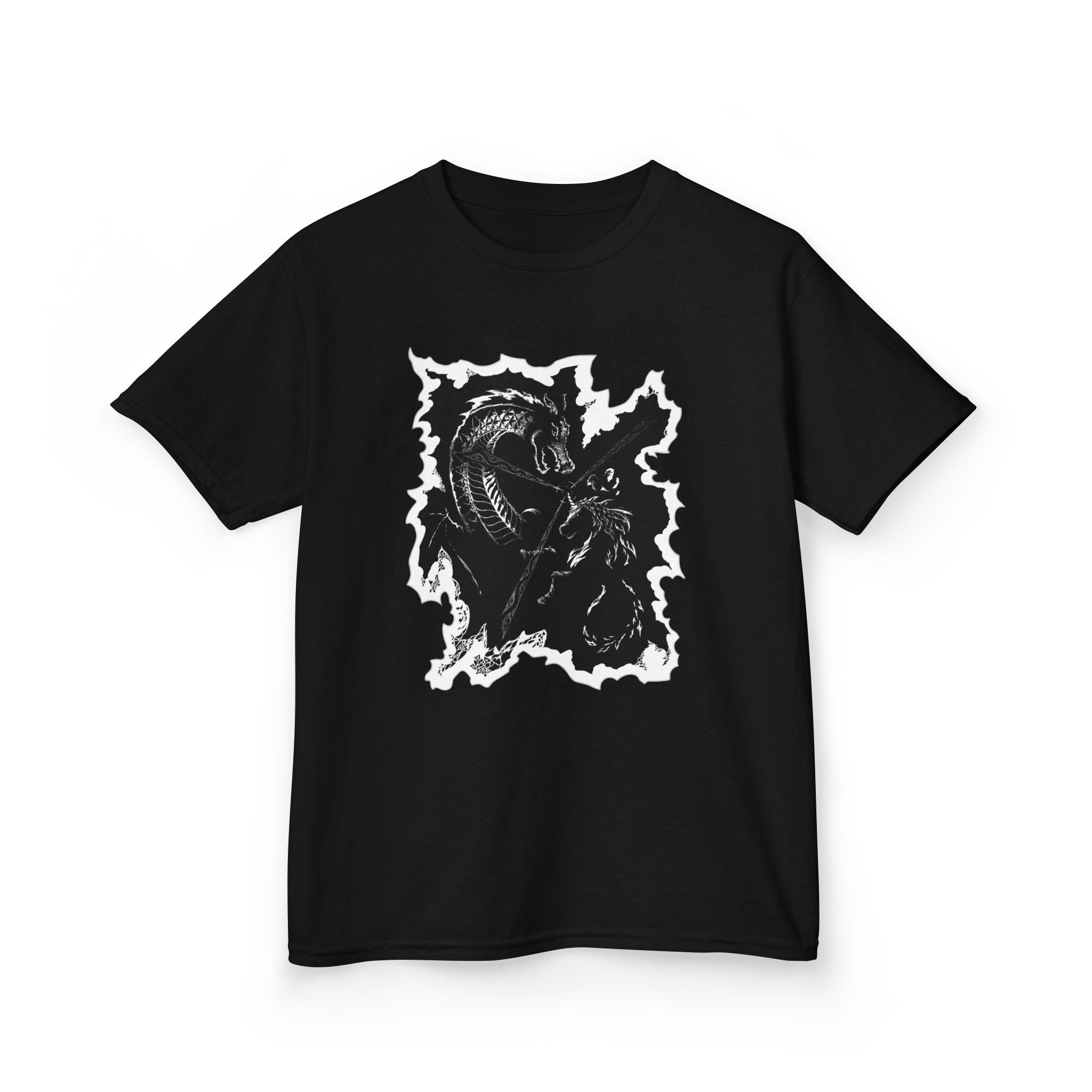 Kids Dragon & Unicorn T-Shirt — Unicorn's Light Upon A Dragon Graphic Print on Front