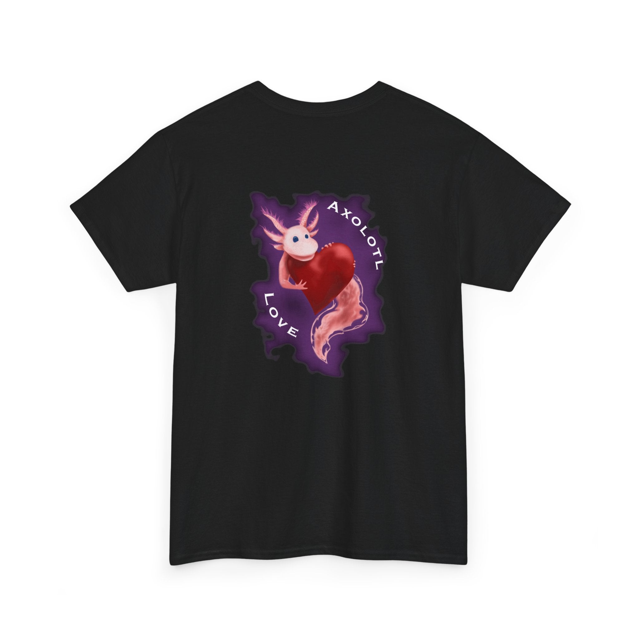 Axolotl Love Tee — Cute Pink Axolotl Embracing Heart w/ Purple Mist Background Graphic T-Shirt