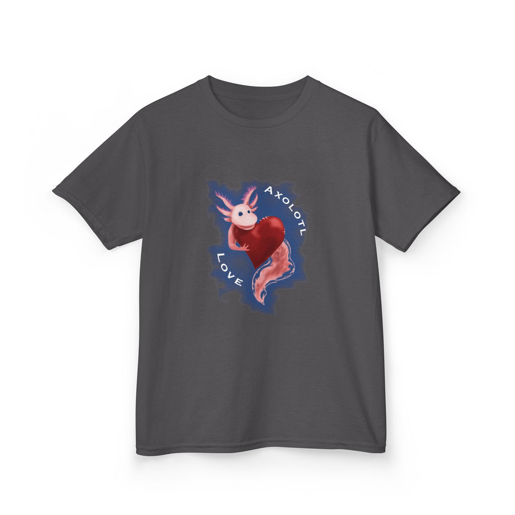 Kids Axolotl Love Tee — Cute Pink Axolotl Embracing Heart w/ Blue Mist Background Graphic T-Shirt - Design On Front