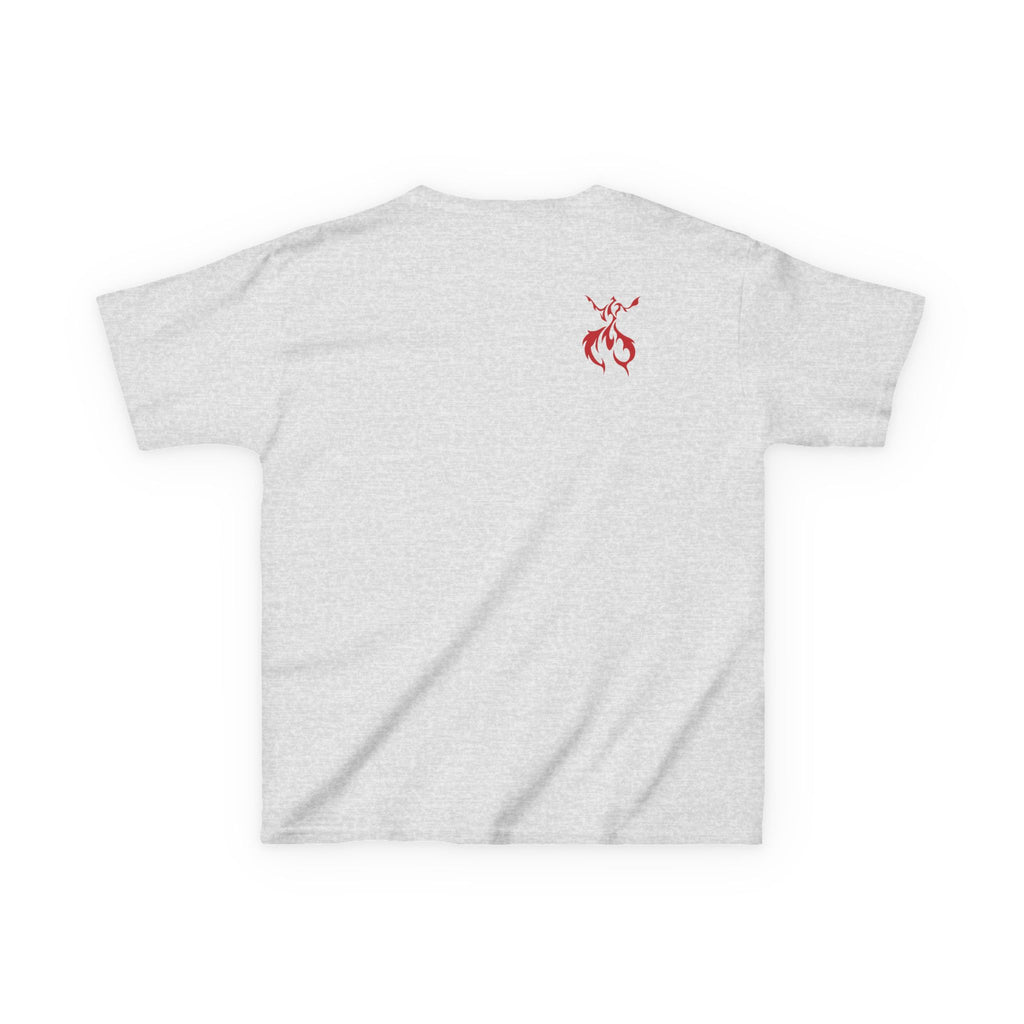 Kids Axolotl Love Tee — Cute Pink Axolotl Embracing Heart w/ Blue Mist Background Graphic T-Shirt - Design On Front