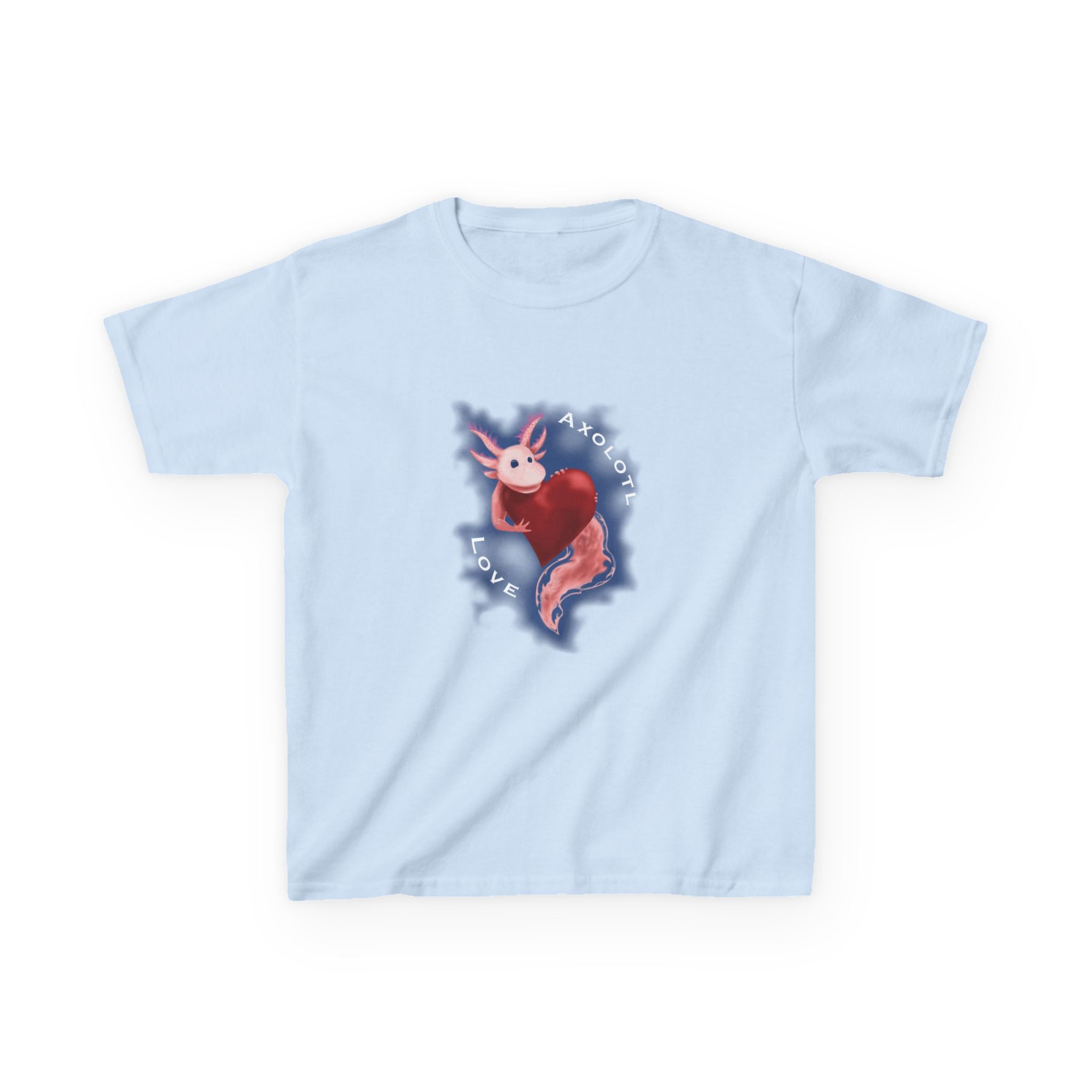 Kids Axolotl Love Tee — Cute Pink Axolotl Embracing Heart w/ Blue Mist Background Graphic T-Shirt - Design On Front