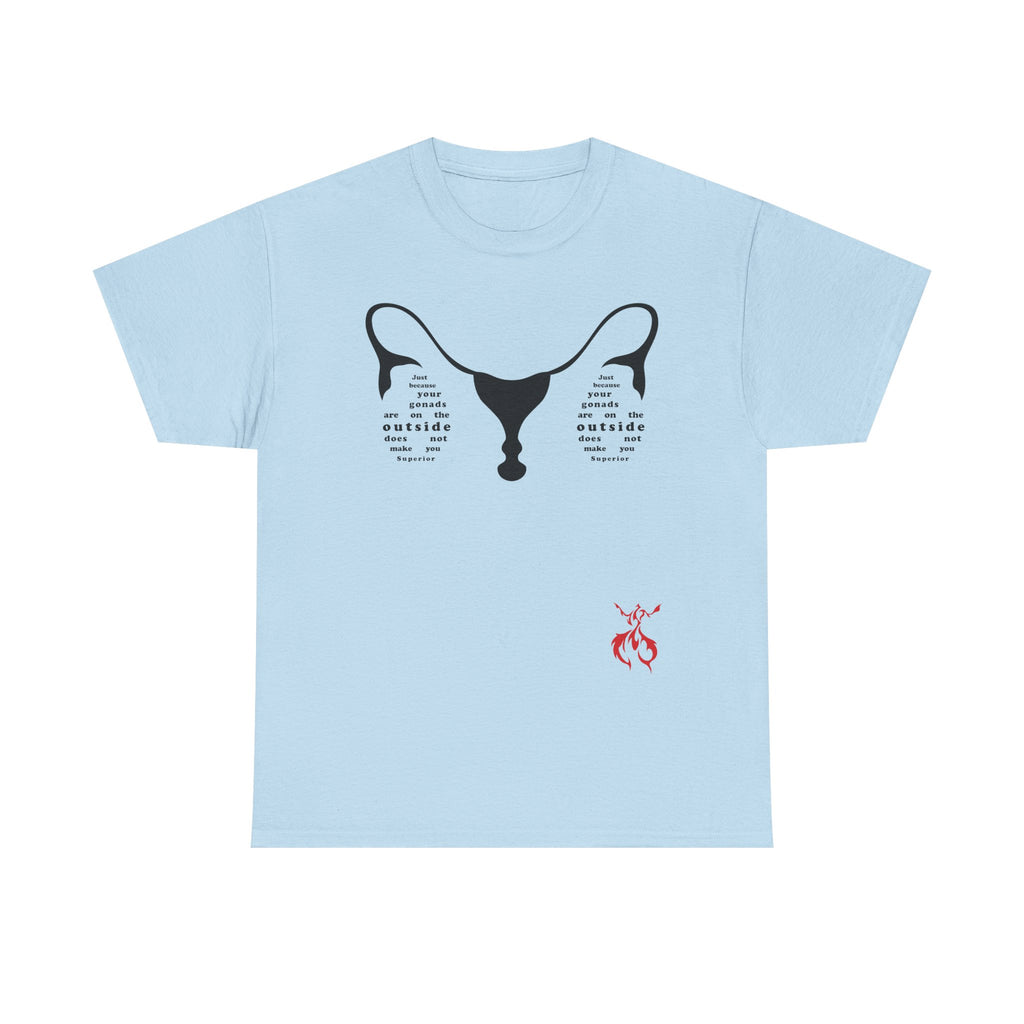 Provocative Statement Tee — "Just Because Your Gonads Are On The Outside..." Ovaries Design on the Front