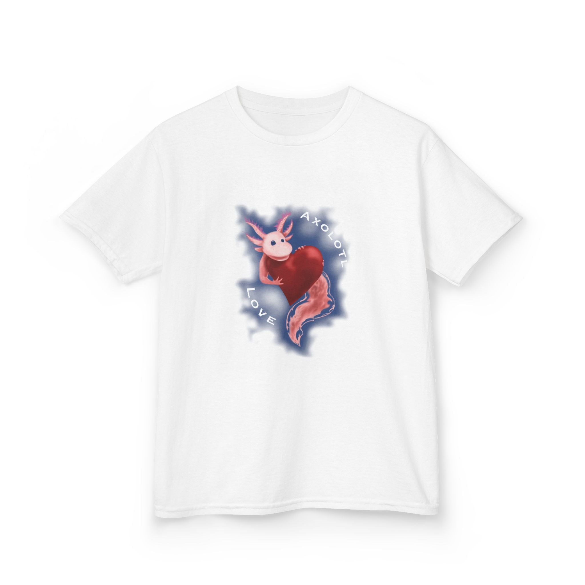 Kids Axolotl Love Tee — Cute Pink Axolotl Embracing Heart w/ Blue Mist Background Graphic T-Shirt - Design On Front
