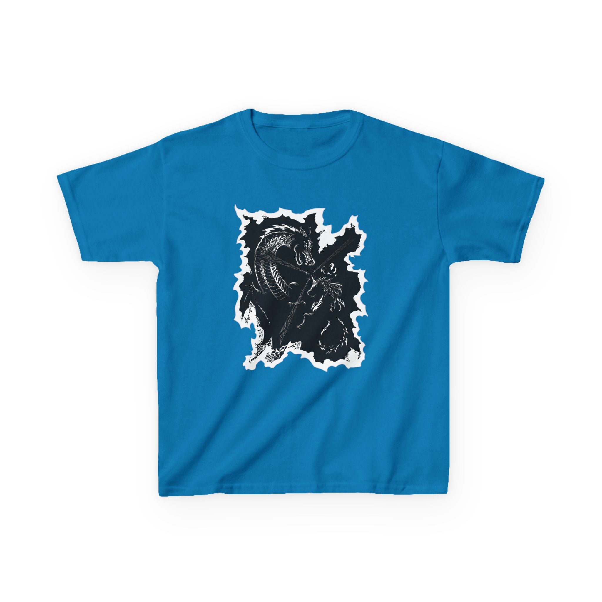 Kids Dragon & Unicorn T-Shirt — Unicorn's Light Upon A Dragon Graphic Print on Front