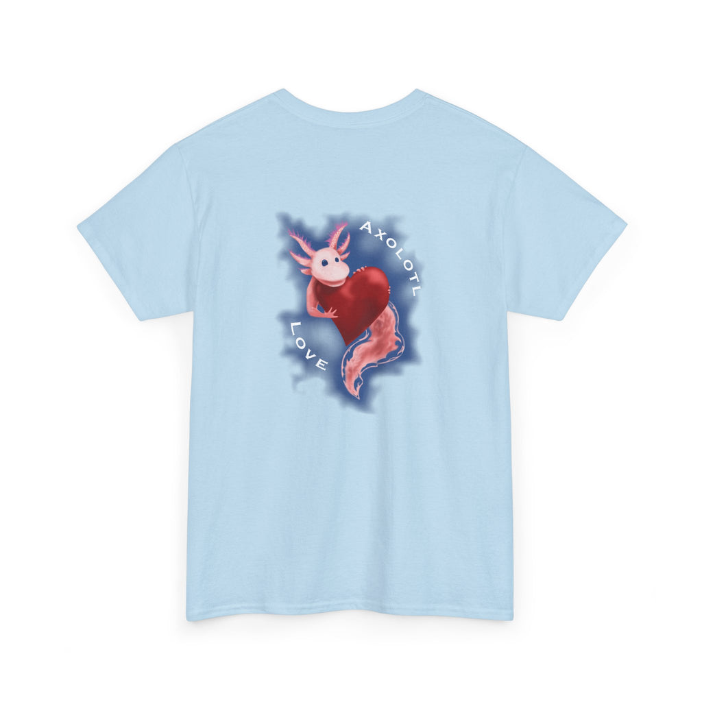 Axolotl Love Tee — Cute Pink Axolotl Embracing Heart w/ Blue Mist Background Graphic T-Shirt