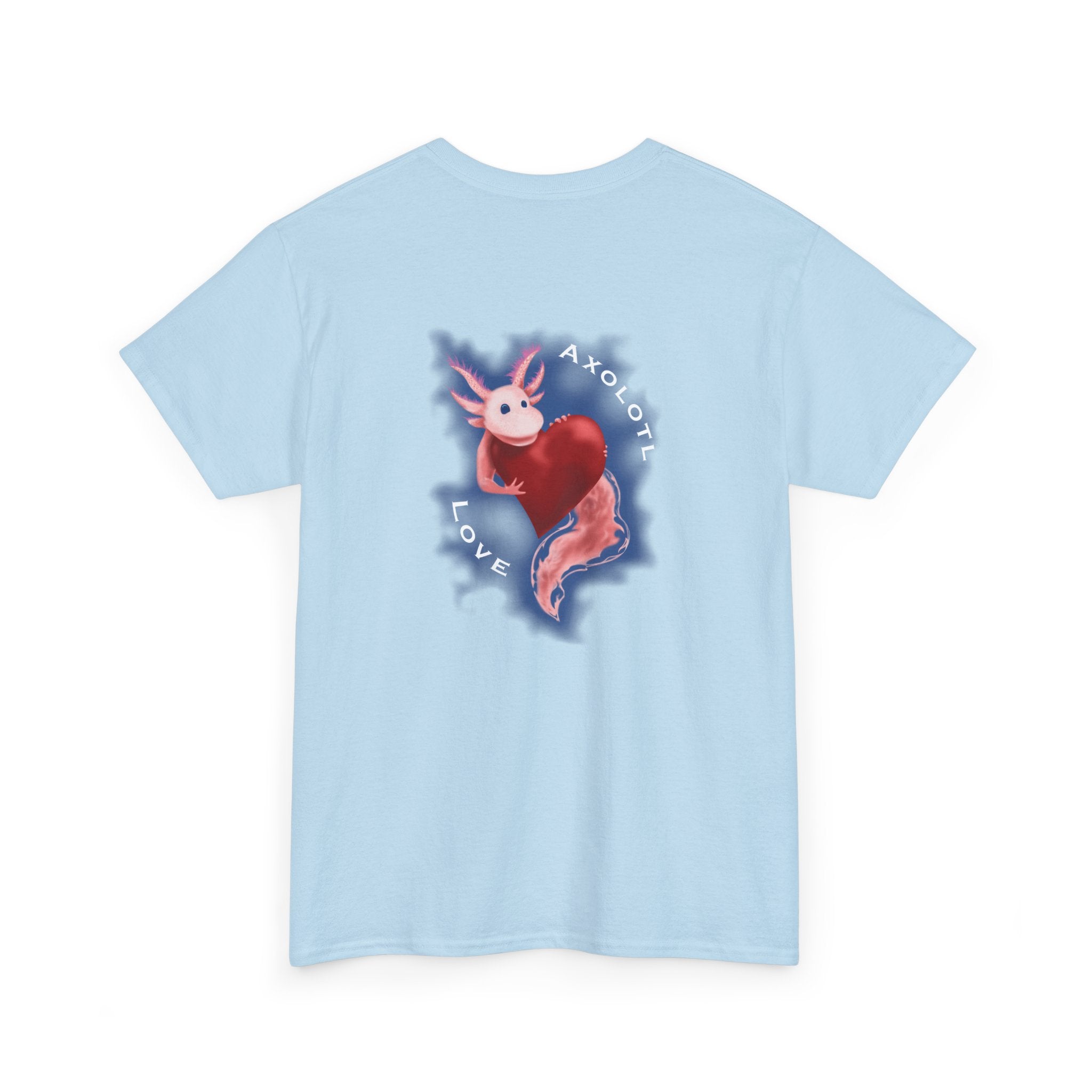 Axolotl Love Tee — Cute Pink Axolotl Embracing Heart w/ Blue Mist Background Graphic T-Shirt