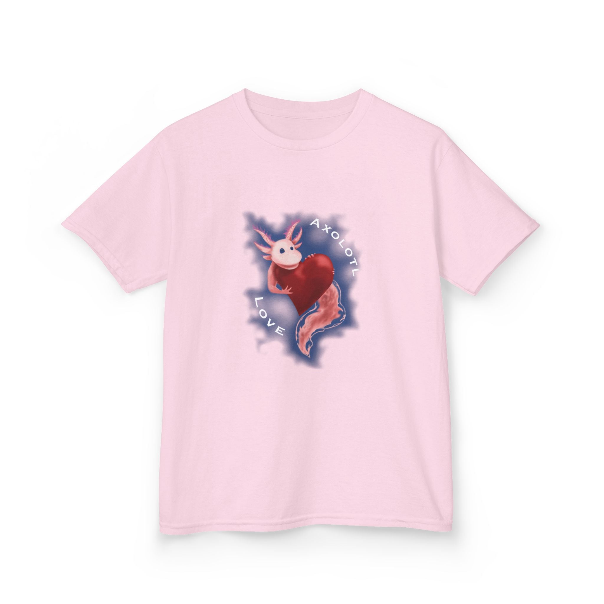Kids Axolotl Love Tee — Cute Pink Axolotl Embracing Heart w/ Blue Mist Background Graphic T-Shirt - Design On Front