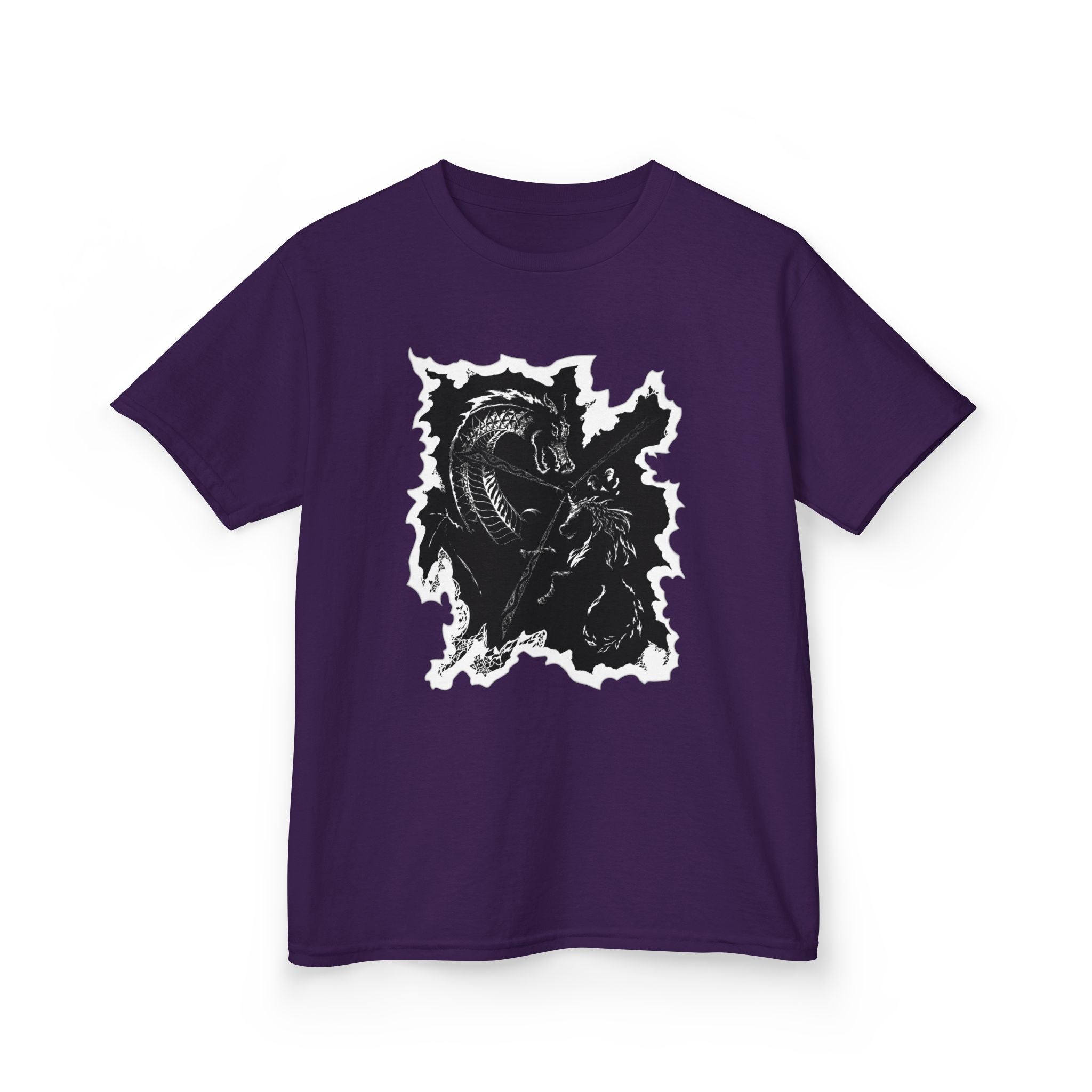 Kids Dragon & Unicorn T-Shirt — Unicorn's Light Upon A Dragon Graphic Print on Front