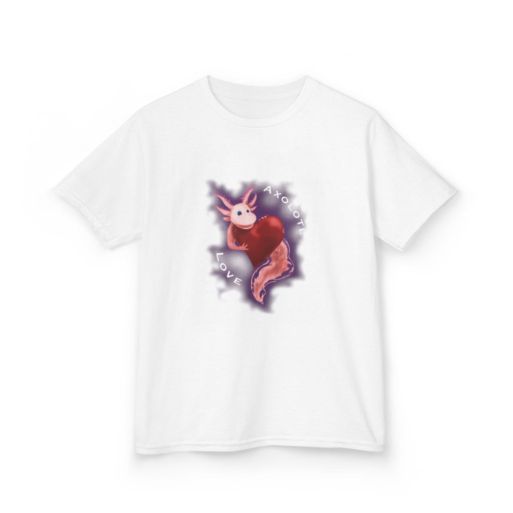 Kids Axolotl Love Tee — Cute Pink Axolotl Embracing Heart w/ Purple Mist Background Graphic T-Shirt - Design On Front