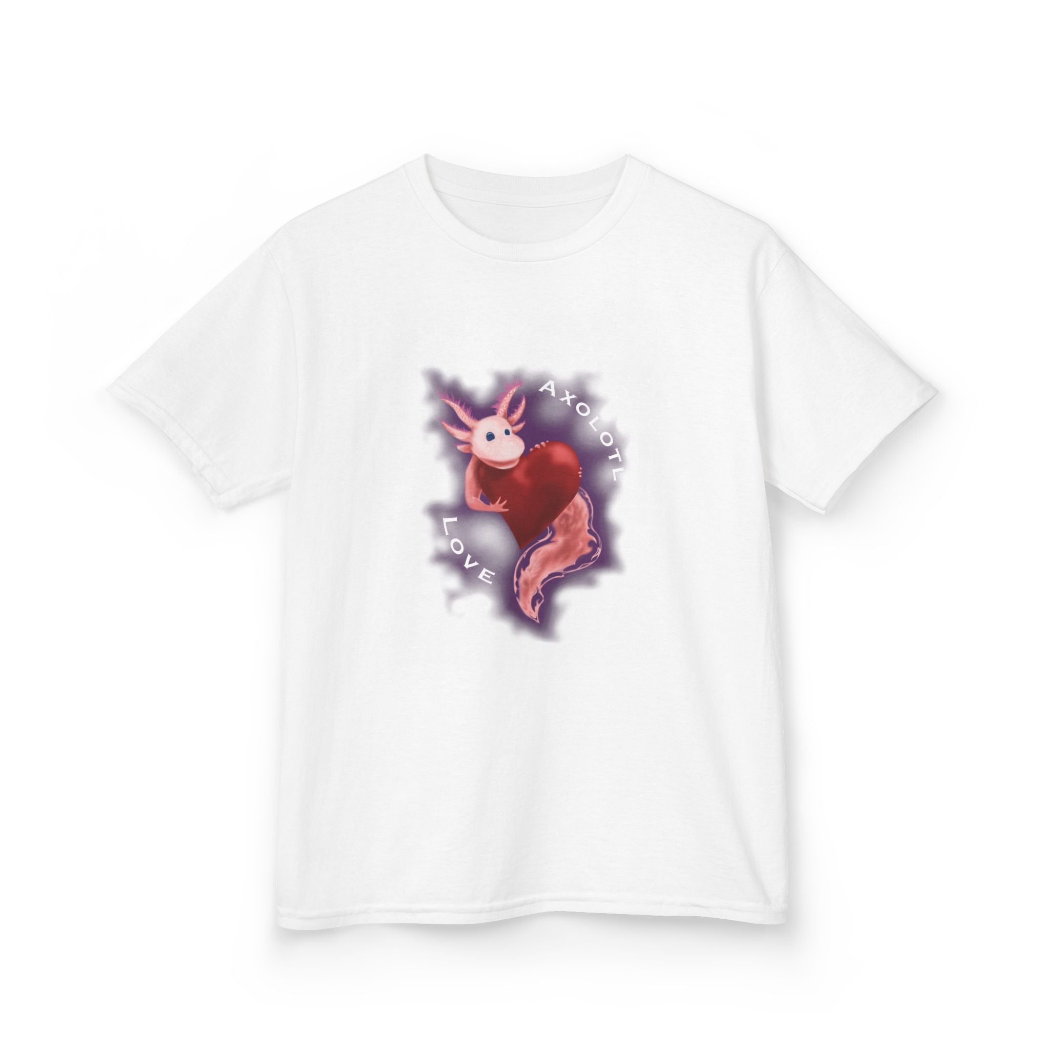 Kids Axolotl Love Tee — Cute Pink Axolotl Embracing Heart w/ Purple Mist Background Graphic T-Shirt - Design On Front