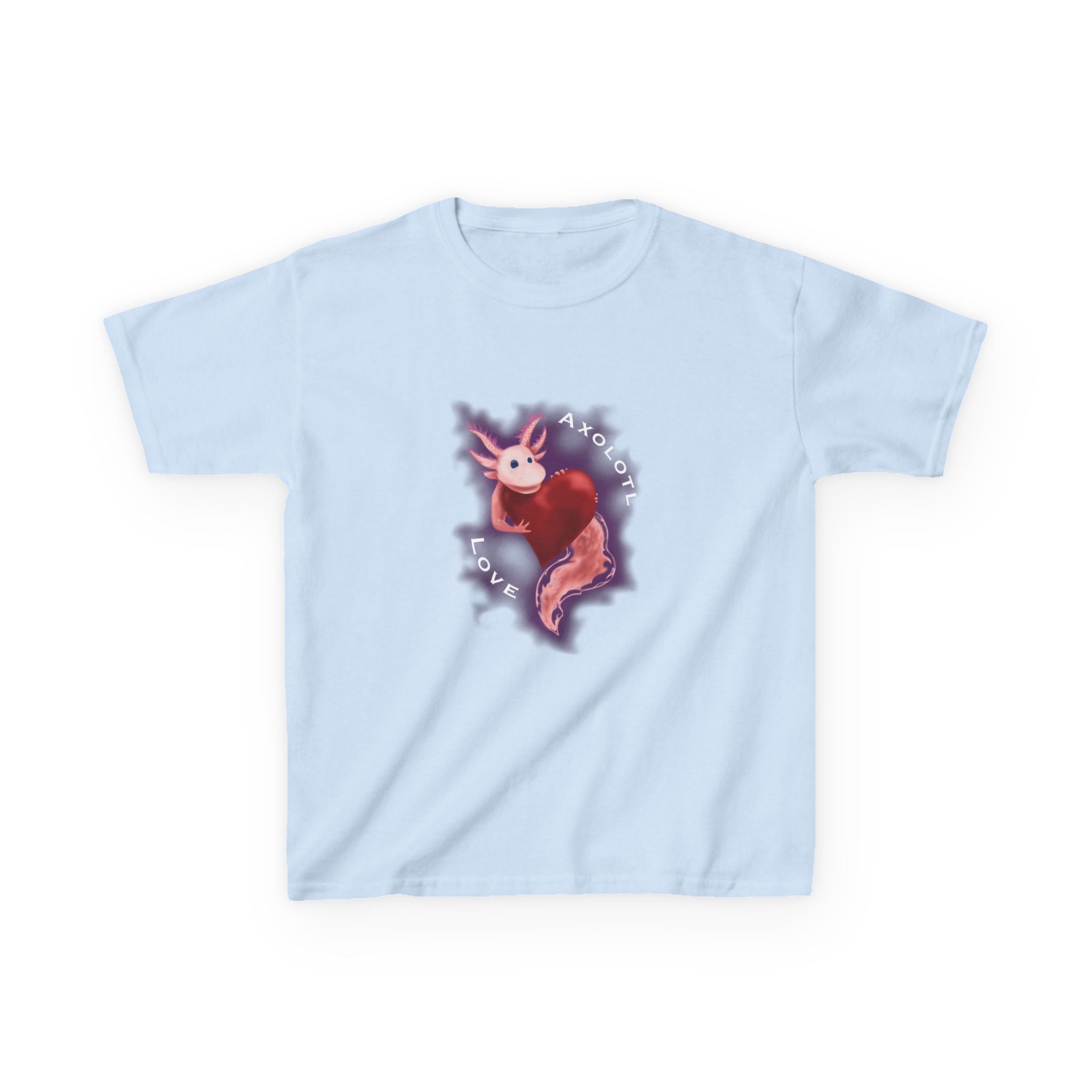 Kids Axolotl Love Tee — Cute Pink Axolotl Embracing Heart w/ Purple Mist Background Graphic T-Shirt - Design On Front