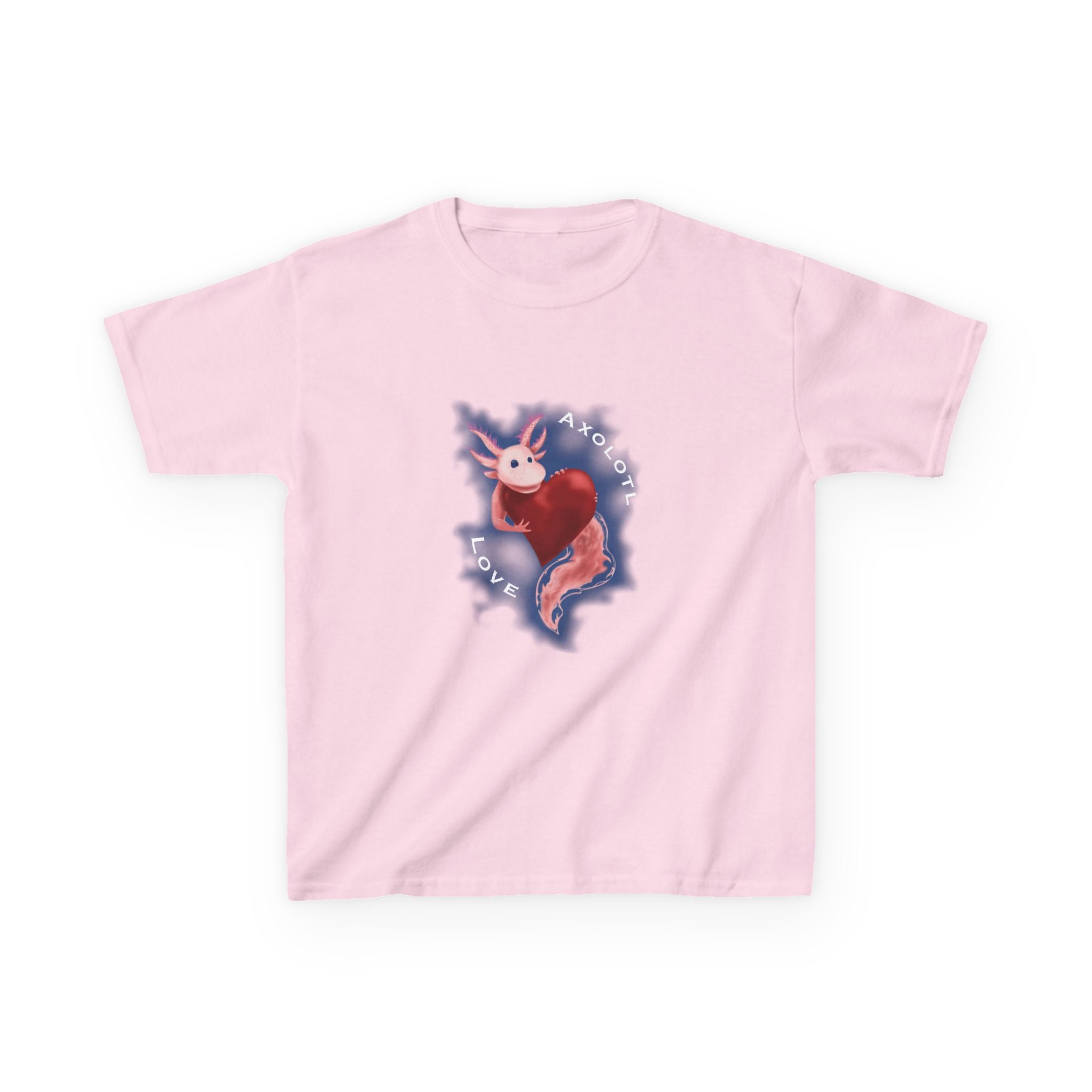 Kids Axolotl Love Tee — Cute Pink Axolotl Embracing Heart w/ Blue Mist Background Graphic T-Shirt - Design On Front