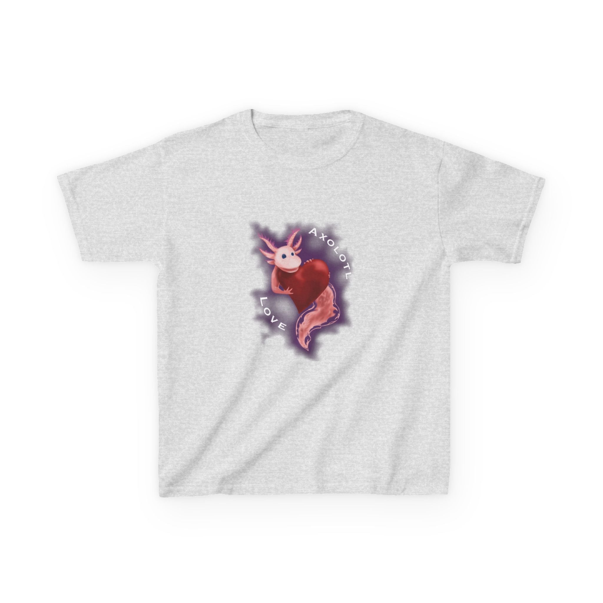 Kids Axolotl Love Tee — Cute Pink Axolotl Embracing Heart w/ Purple Mist Background Graphic T-Shirt - Design On Front