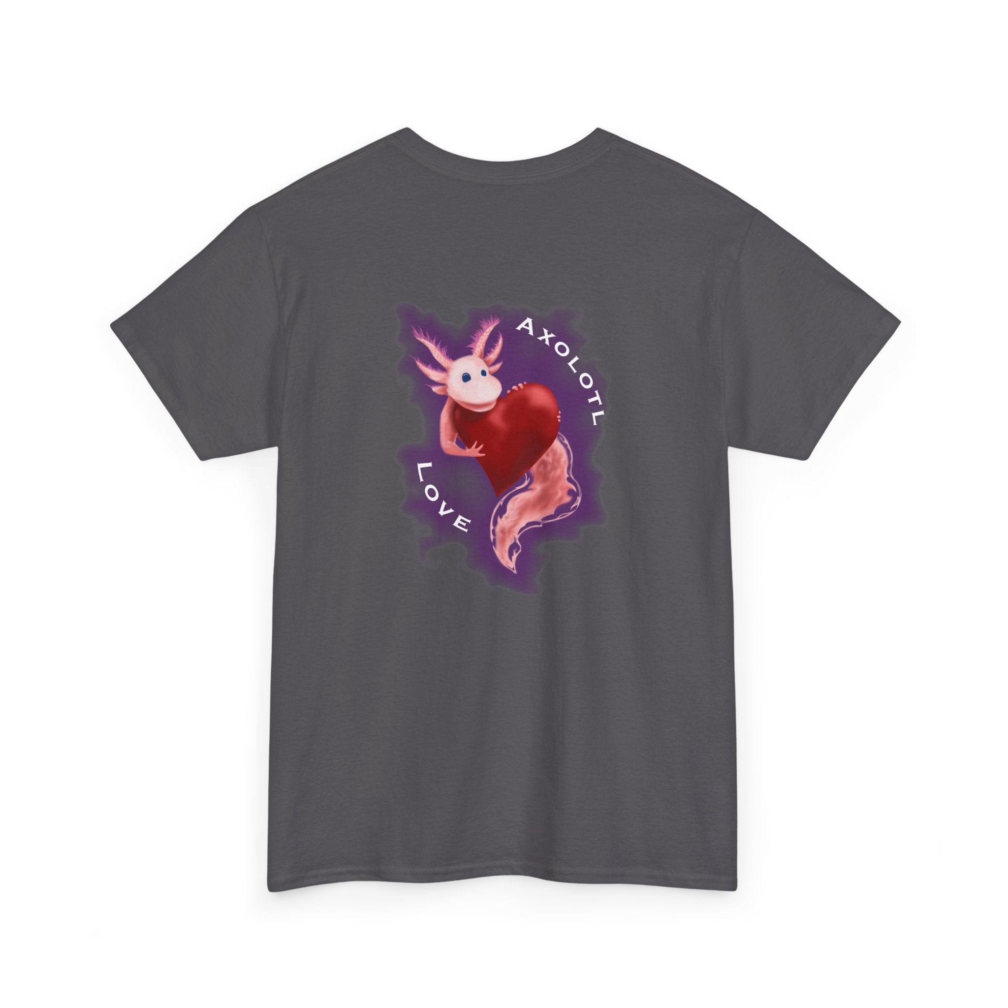 Axolotl Love Tee — Cute Pink Axolotl Embracing Heart w/ Purple Mist Background Graphic T-Shirt
