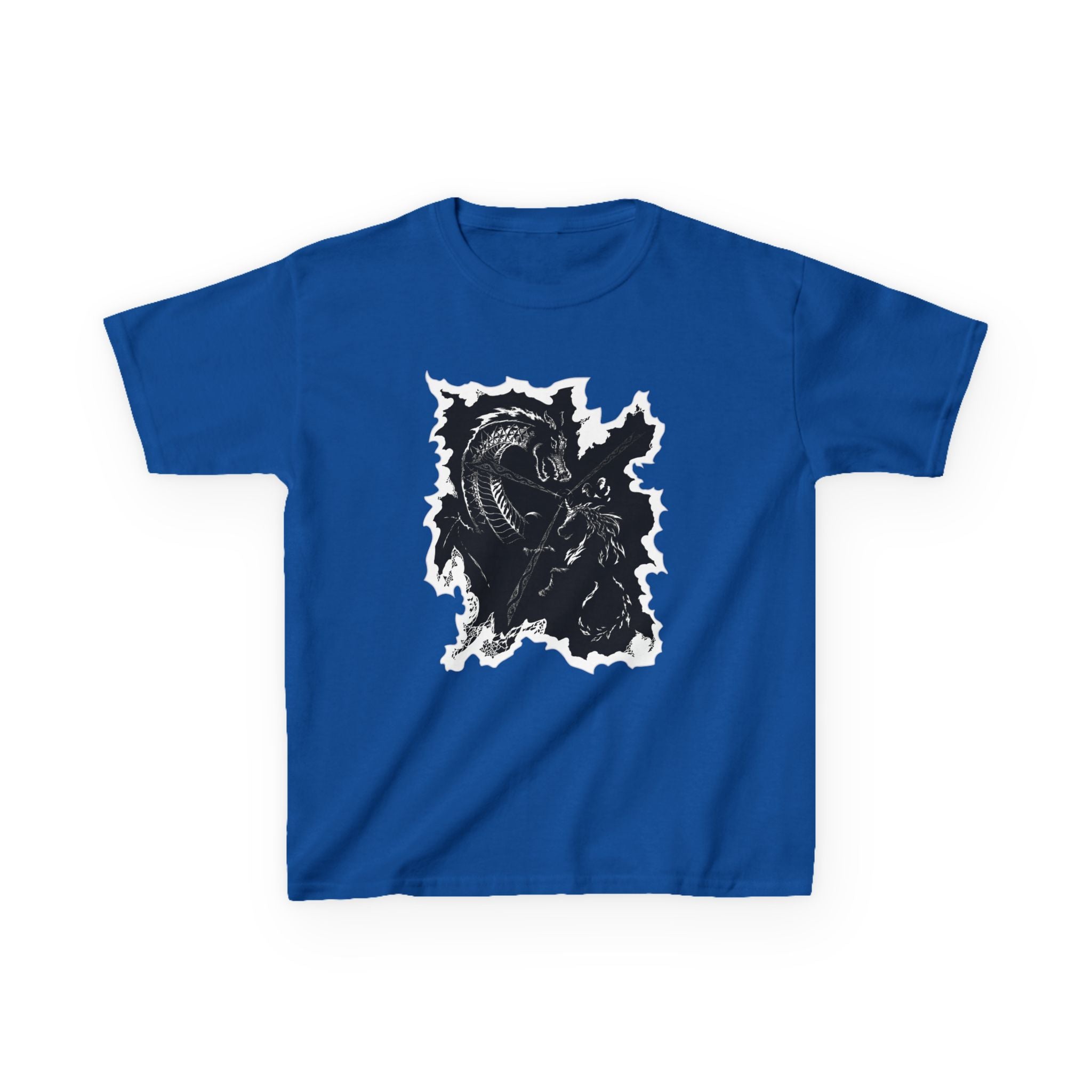 Kids Dragon & Unicorn T-Shirt — Unicorn's Light Upon A Dragon Graphic Print on Front