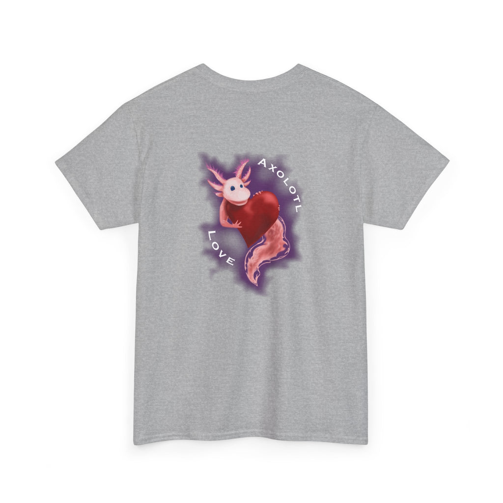 Axolotl Love Tee — Cute Pink Axolotl Embracing Heart w/ Purple Mist Background Graphic T-Shirt