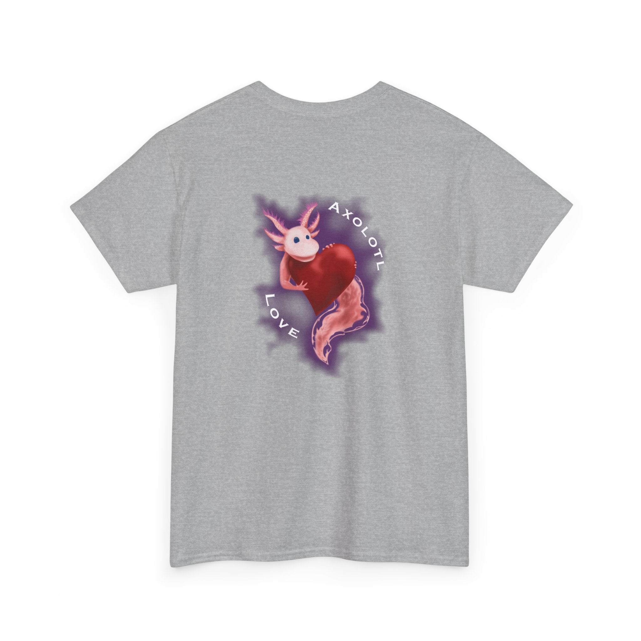 Axolotl Love Tee — Cute Pink Axolotl Embracing Heart w/ Purple Mist Background Graphic T-Shirt