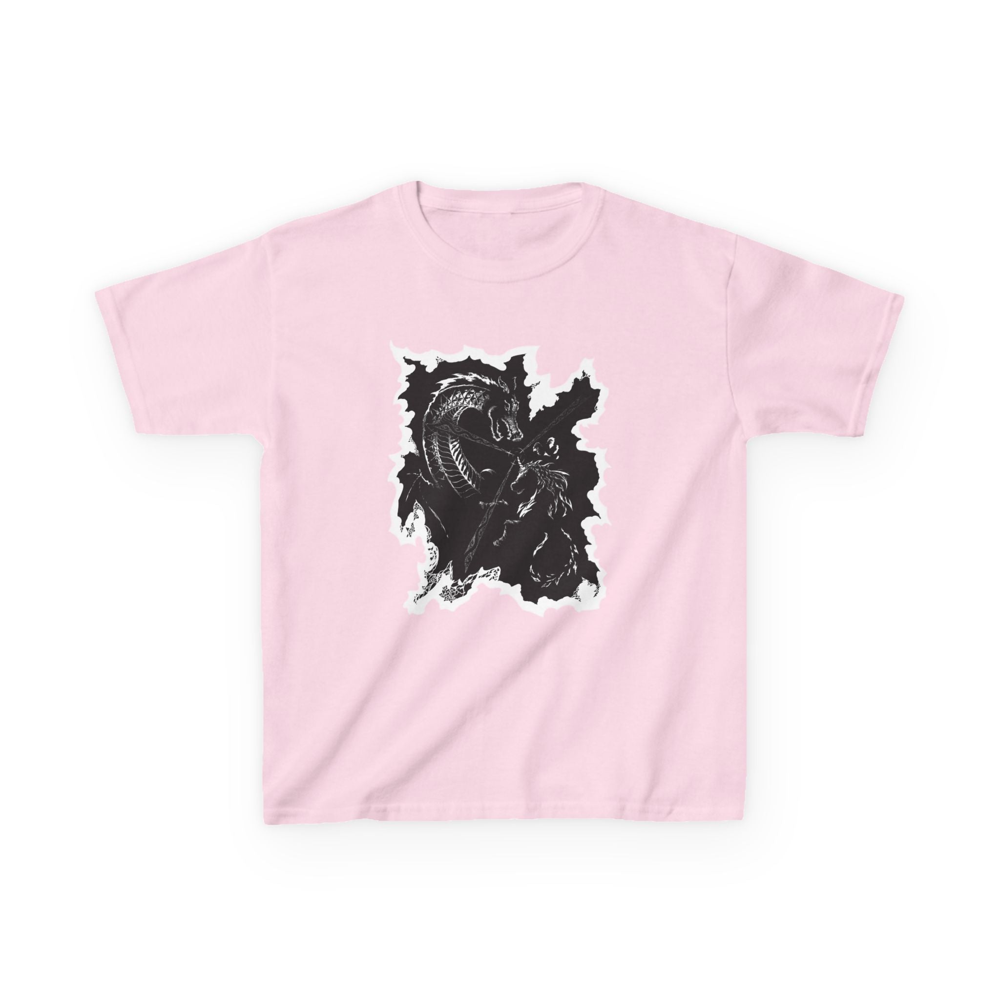 Kids Dragon & Unicorn T-Shirt — Unicorn's Light Upon A Dragon Graphic Print on Front