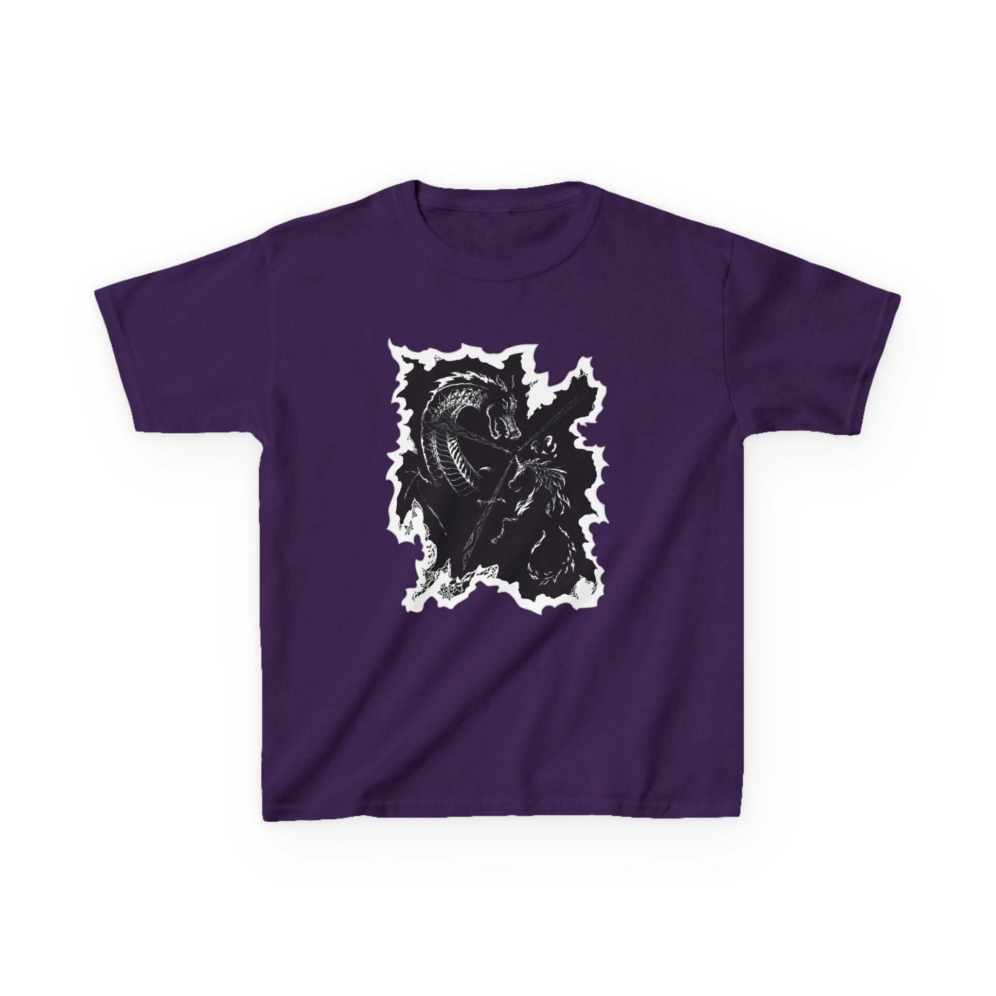 Kids Dragon & Unicorn T-Shirt — Unicorn's Light Upon A Dragon Graphic Print on Front
