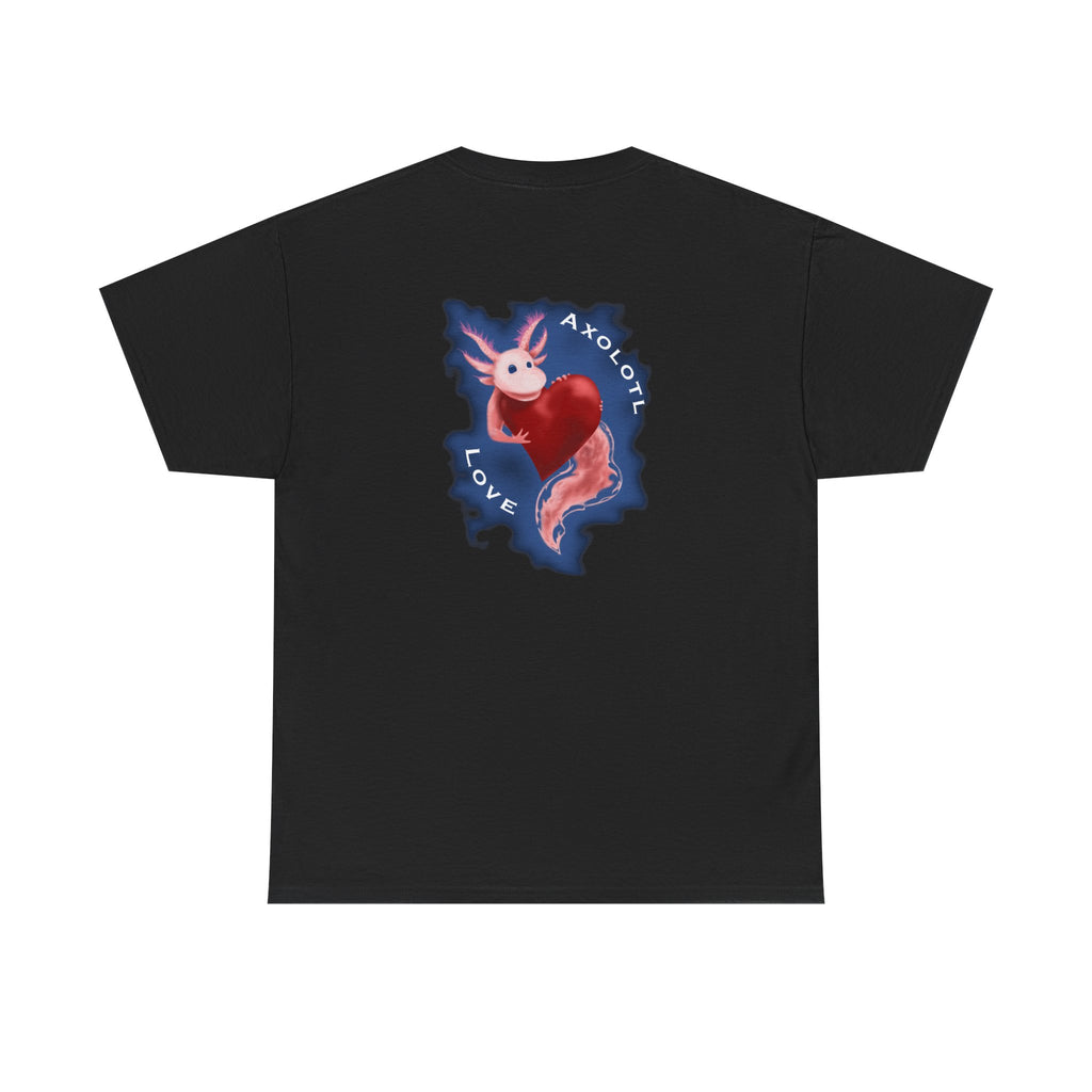 Axolotl Love Tee — Cute Pink Axolotl Embracing Heart w/ Blue Mist Background Graphic T-Shirt