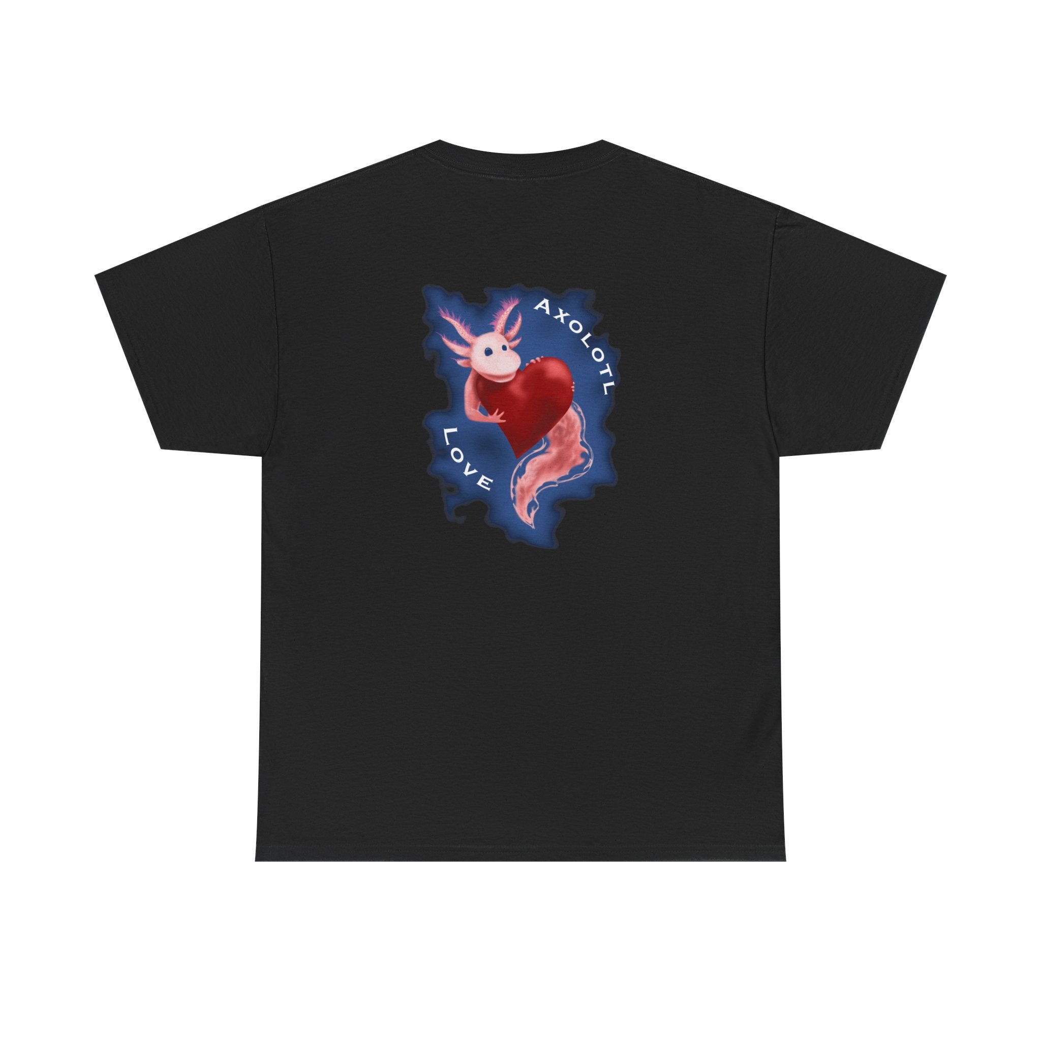 Axolotl Love Tee — Cute Pink Axolotl Embracing Heart w/ Blue Mist Background Graphic T-Shirt
