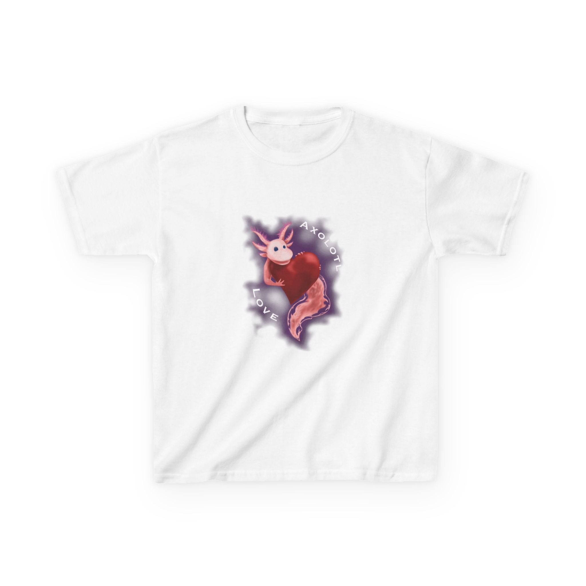 Kids Axolotl Love Tee — Cute Pink Axolotl Embracing Heart w/ Purple Mist Background Graphic T-Shirt - Design On Front