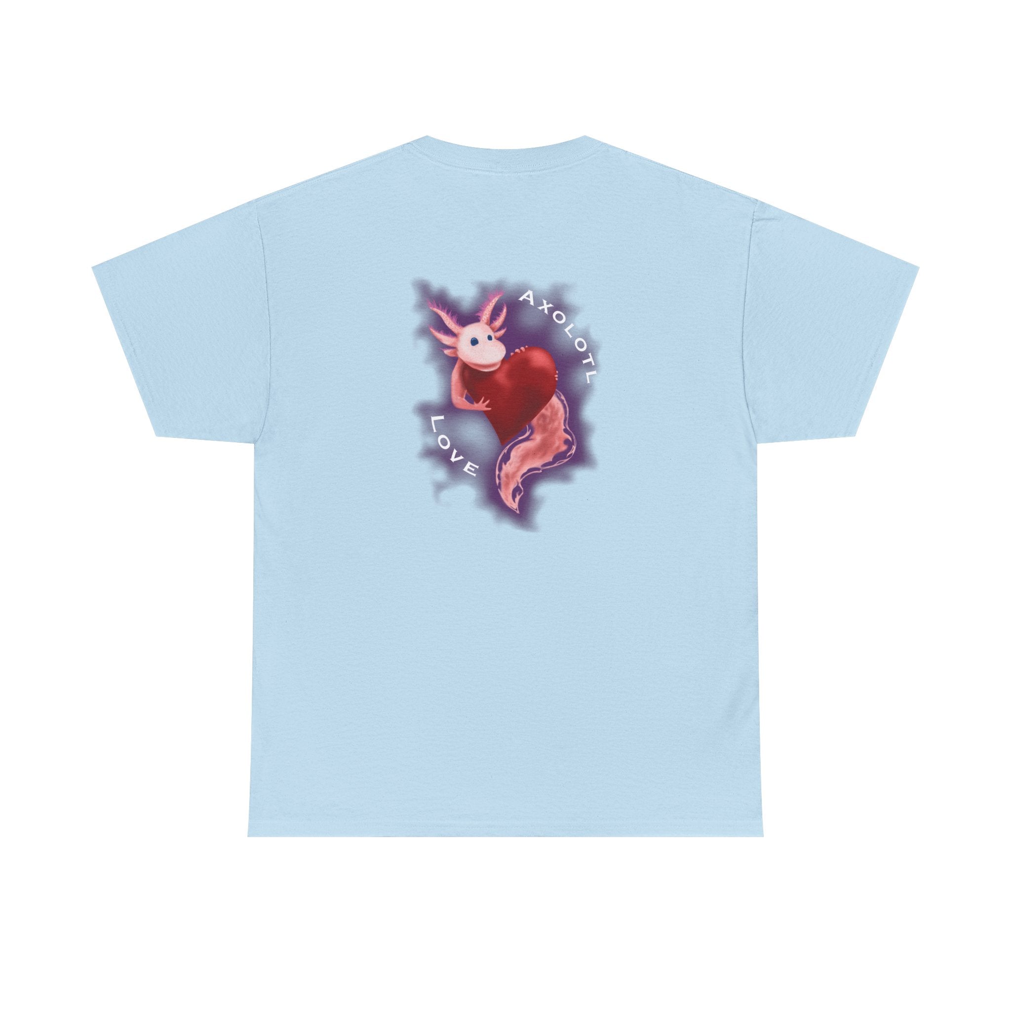 Axolotl Love Tee — Cute Pink Axolotl Embracing Heart w/ Purple Mist Background Graphic T-Shirt