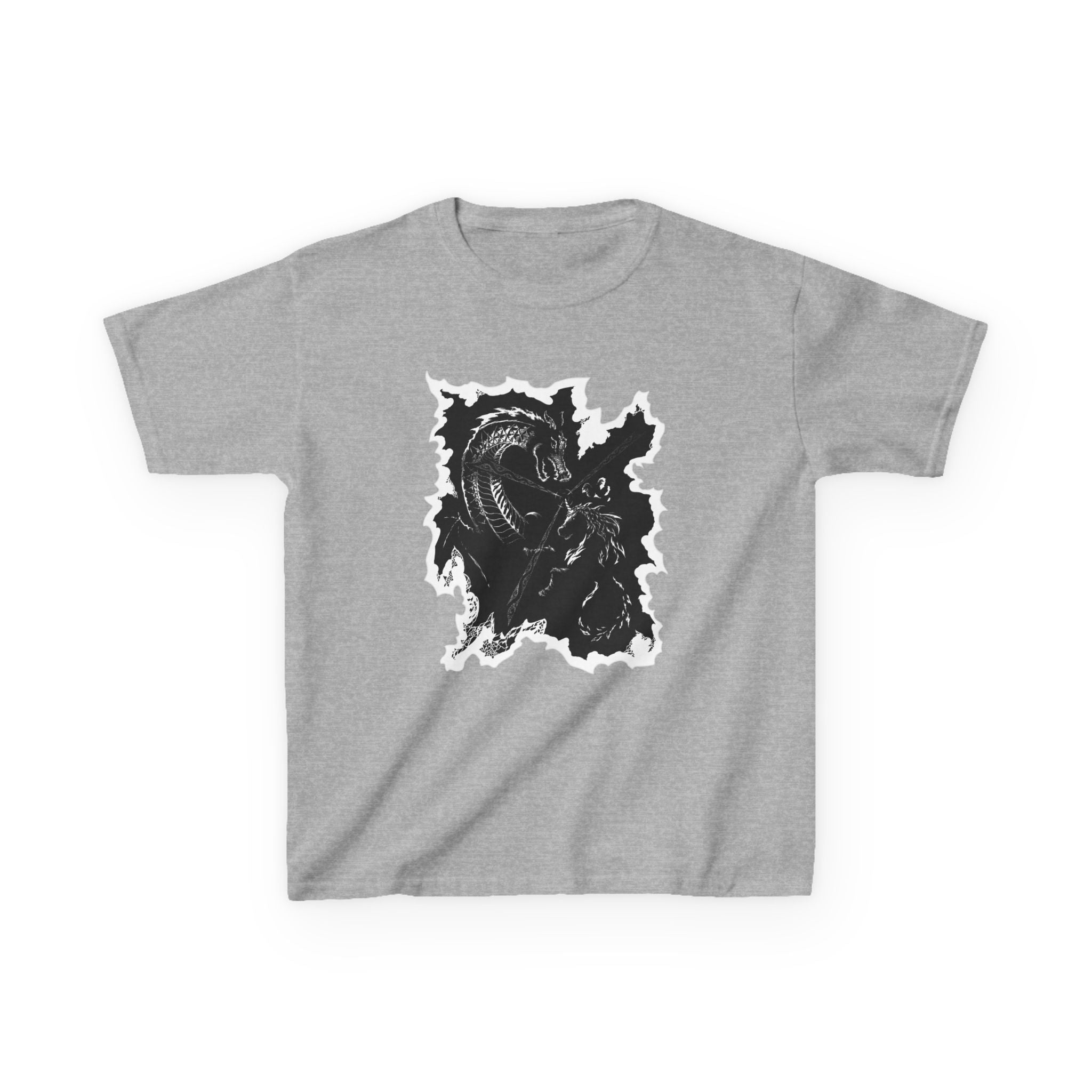 Kids Dragon & Unicorn T-Shirt — Unicorn's Light Upon A Dragon Graphic Print on Front