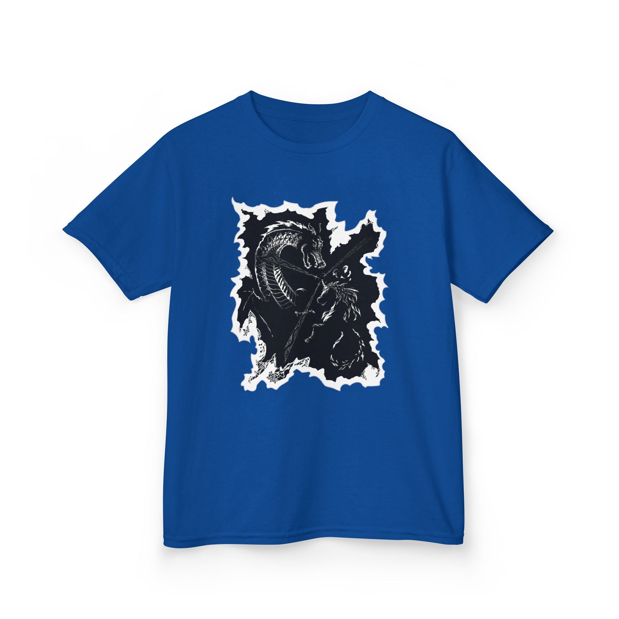 Kids Dragon & Unicorn T-Shirt — Unicorn's Light Upon A Dragon Graphic Print on Front