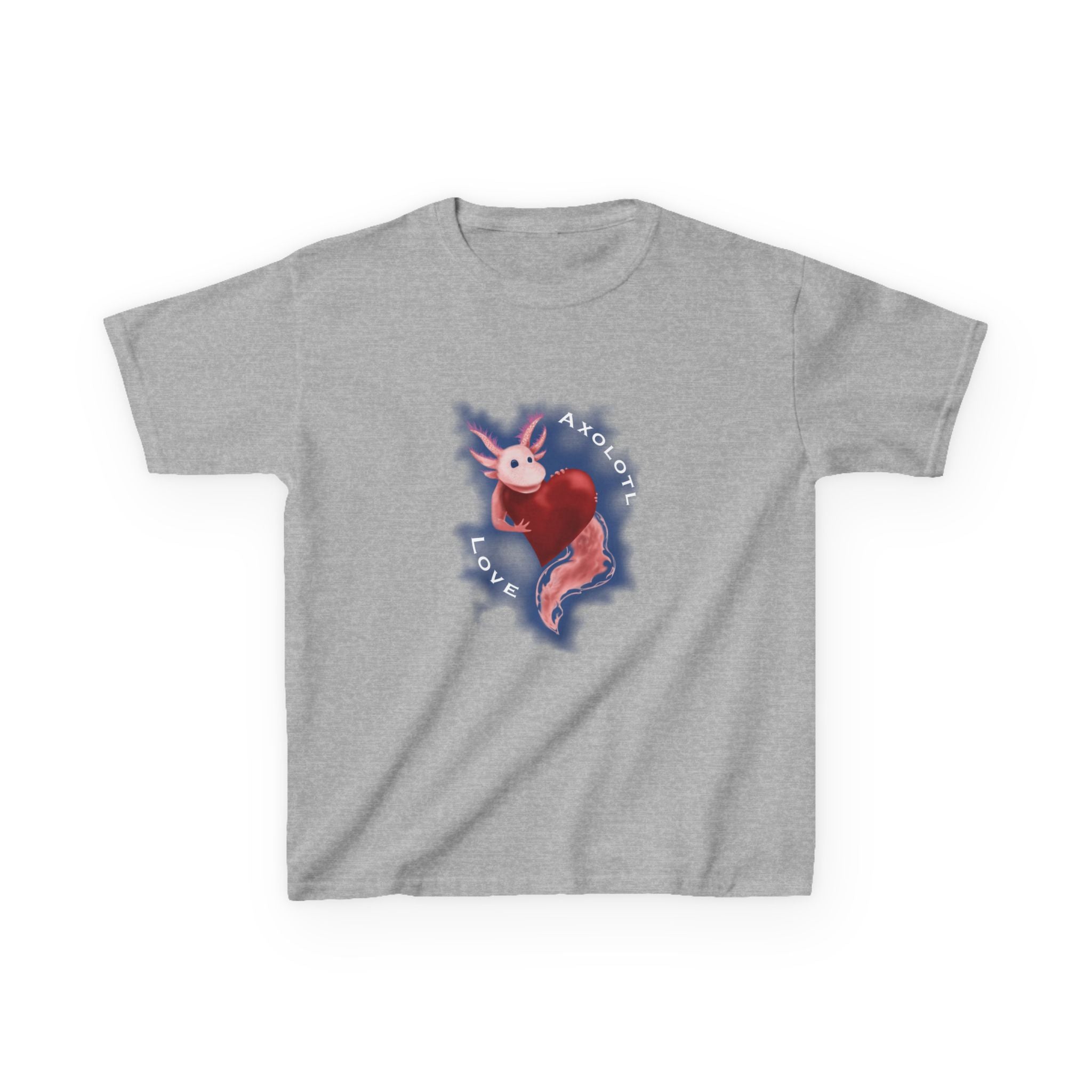 Kids Axolotl Love Tee — Cute Pink Axolotl Embracing Heart w/ Blue Mist Background Graphic T-Shirt - Design On Front