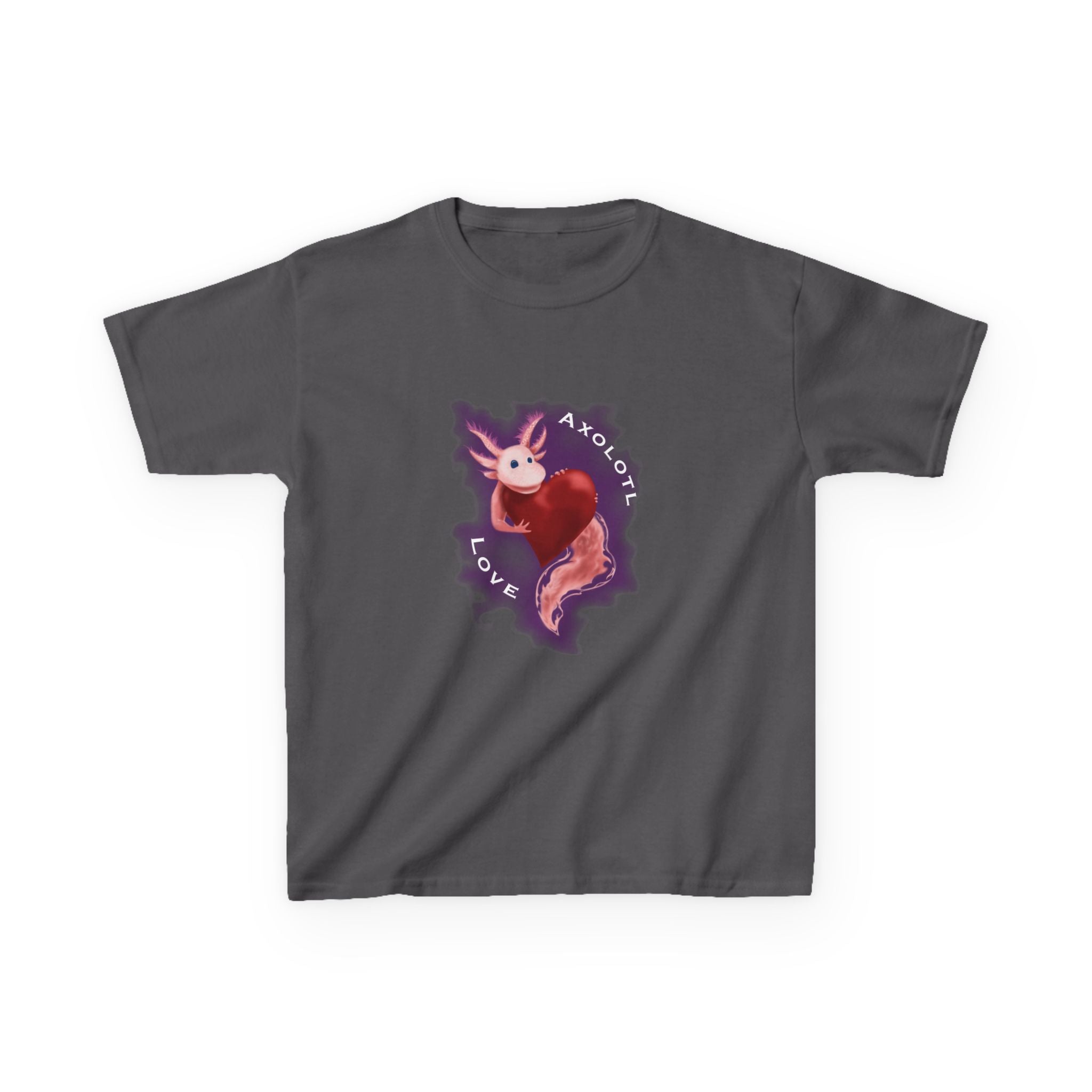 Kids Axolotl Love Tee — Cute Pink Axolotl Embracing Heart w/ Purple Mist Background Graphic T-Shirt - Design On Front