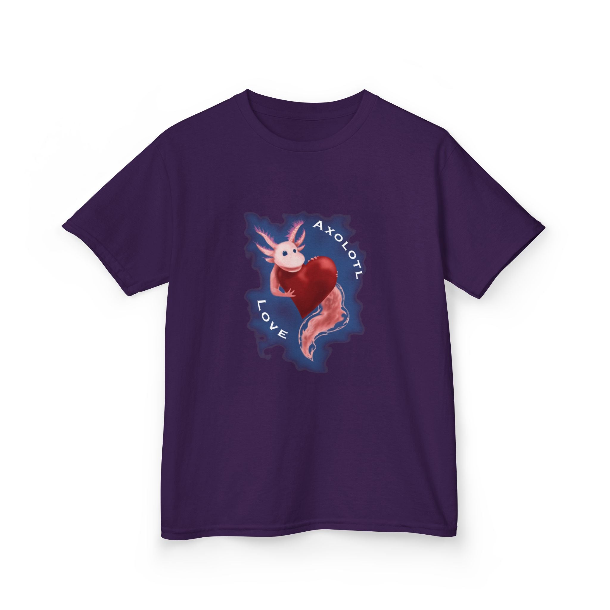 Kids Axolotl Love Tee — Cute Pink Axolotl Embracing Heart w/ Blue Mist Background Graphic T-Shirt - Design On Front